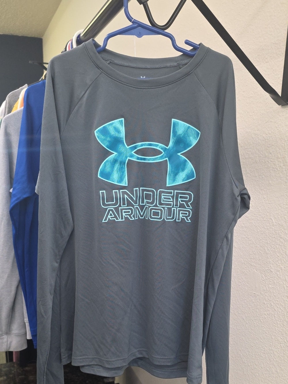 Under Armour Gray Long Sleeve Tee with Teal Logo